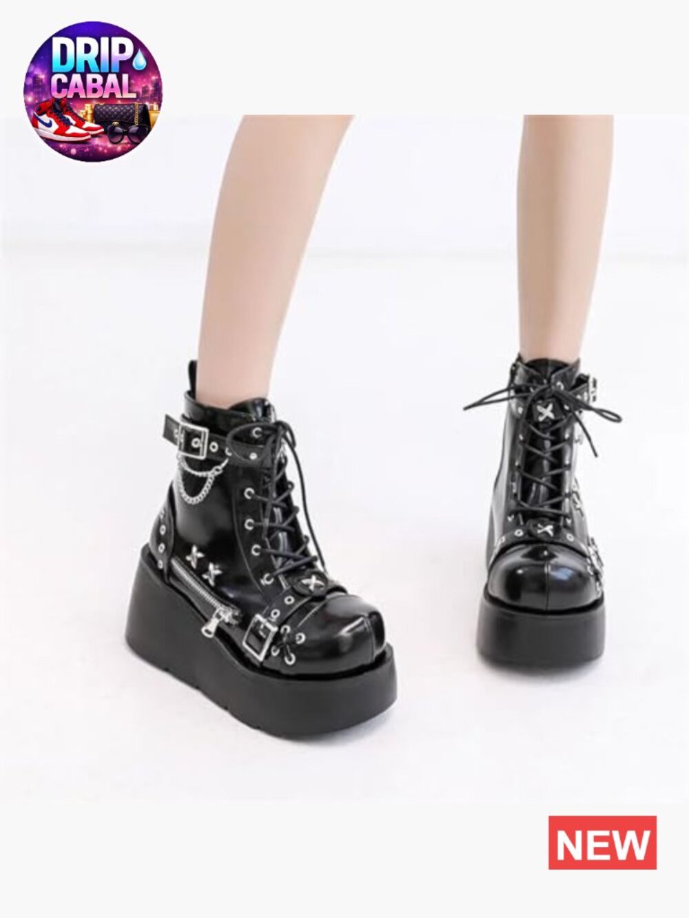 Goth Platform Ankle Boots with Bat Wing Buckles Chunky Heels Round Toe Zipper - Picture 3 of 6